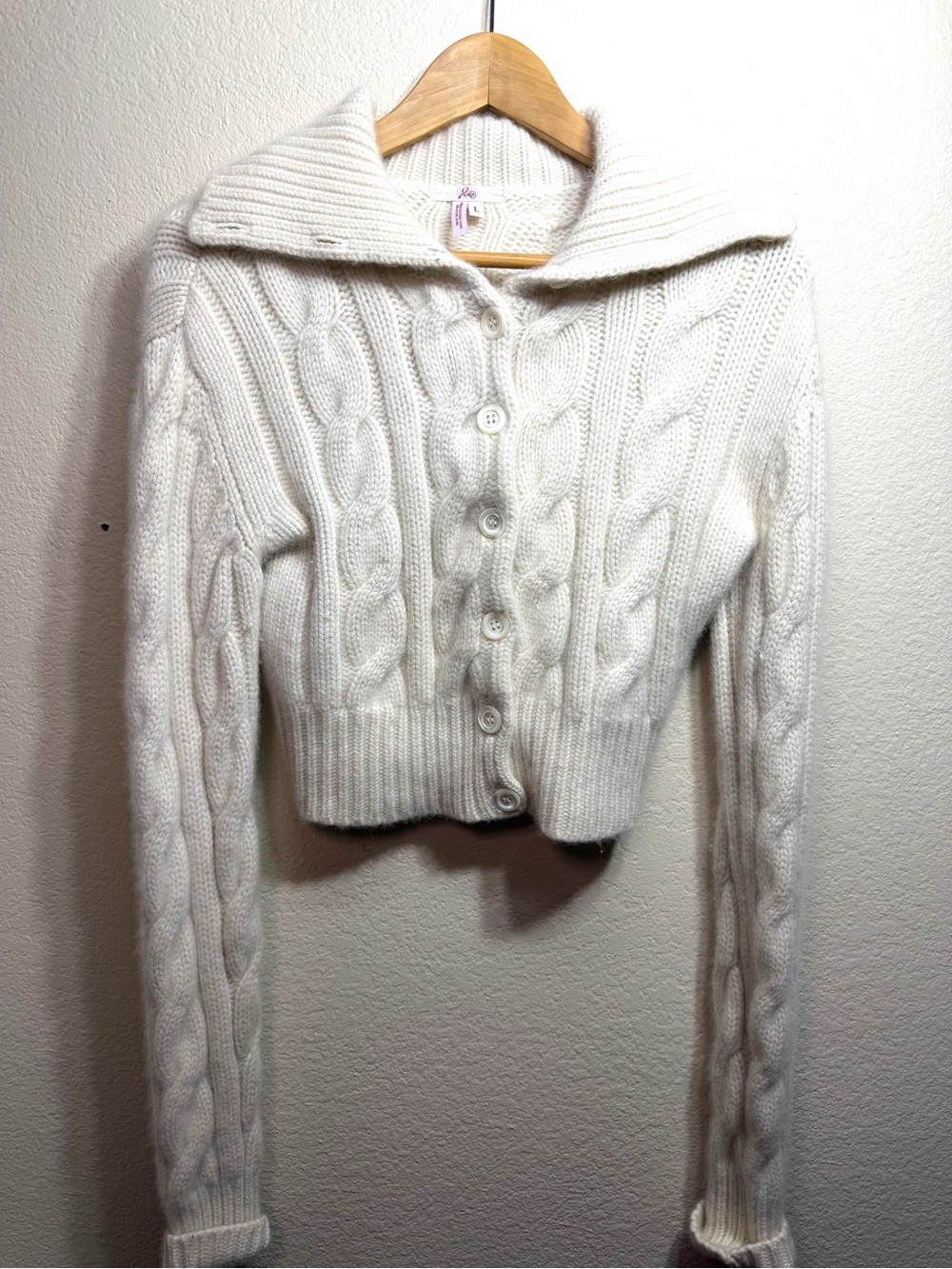 Y2K JOIE 100%CASHMERE Cable Knit Cropped Shawl Collar CARDIGAN L Feminine Cozy